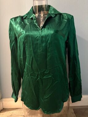 Vintage Satin Emerald Green Long-Sleeve Blouse
